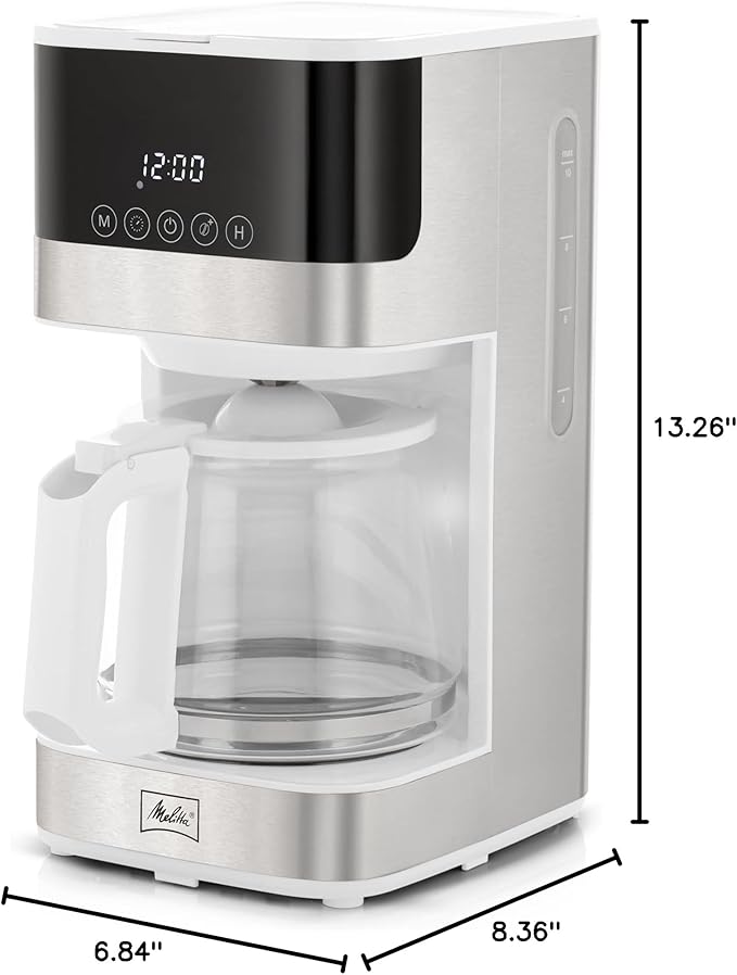 Melitta Aroma Tocco Glass Drip Coffee Maker | Programmable Coffee Machine | Glass Carafe Coffee Pot | 10 Cup Coffee Maker | Touch Control Panel | Stainless Steel accented | White
