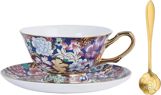 Cup& Saucer Set Bone China Tea Coffee Cup for Breakfast Afternoon Tea- Embossed Floral Pattern (Multicolor)