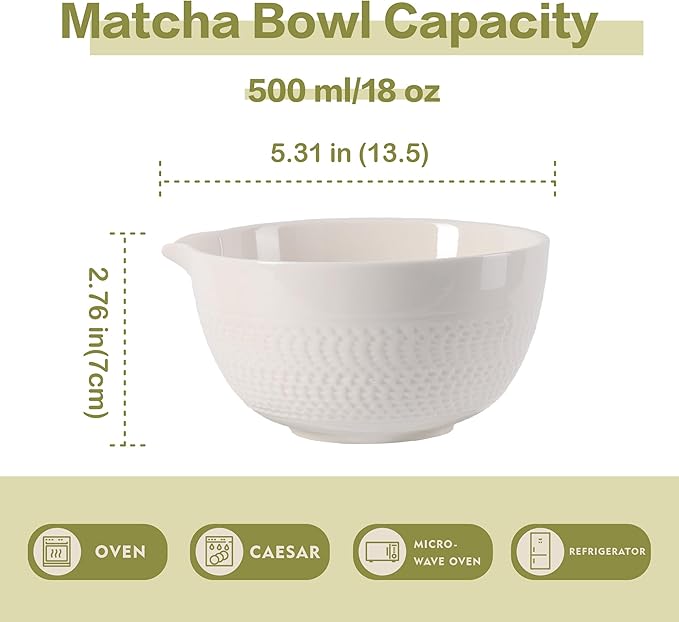 Matcha Bowl with Spout, 500 ml/18 oz Ceramic Matcha Mixing Bowl, Japanese Ceremonial Matcha Chawan for Matcha Powder/Salad/Fruit/Soup/Tea - White
