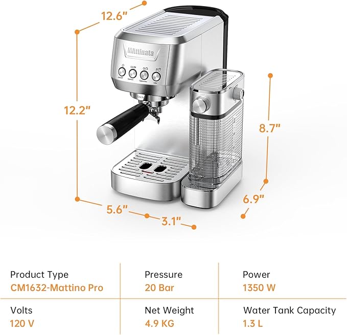 MAttinata Cappuccino Machine 20 Bar, Professional Espresso Machines for Home and Office with Automatic Milk Frothering System, Barista Compact Latte Maker for Coffee Lovers, Stainless Steel-Mattino