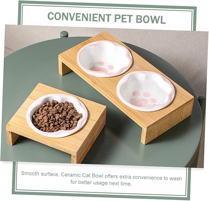 Milisten Elevated Cat Bowl Whisker-Friendly Bamboo Stand Ceramic Pet Feeding Bowl for Kitten Vomiting Relief