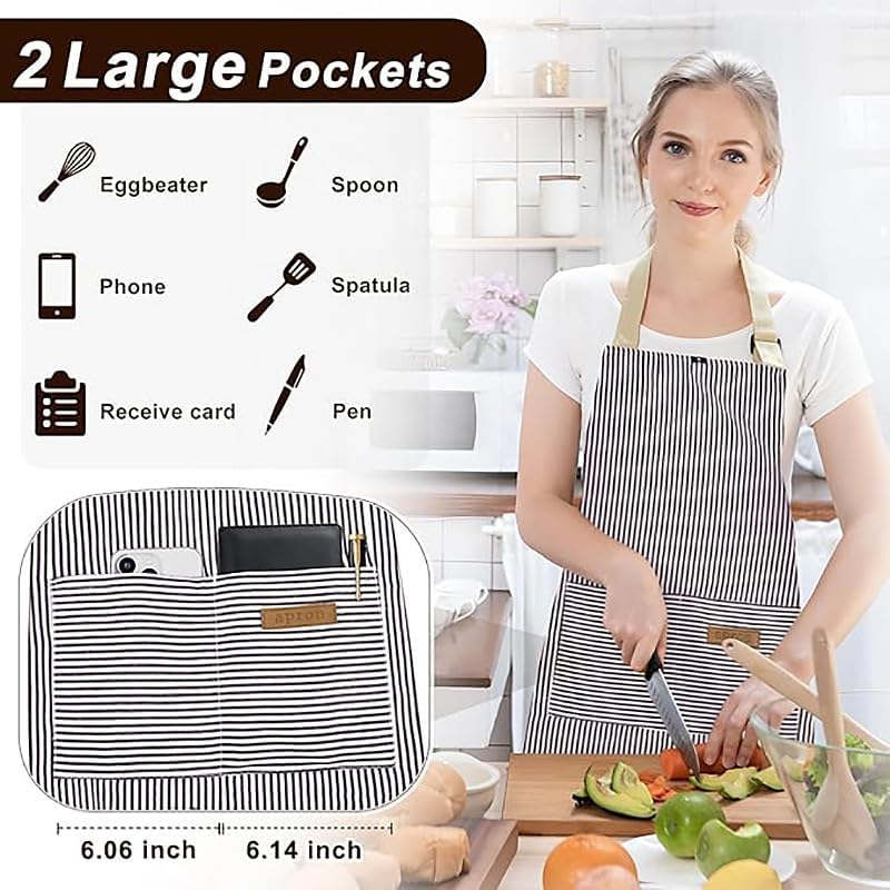 Chef Apron Bib Apron with 2 Large Pockets Adjustable Neck Strap Kitchen Apron Cooking Apron Stripes Baking Apron - Image 4