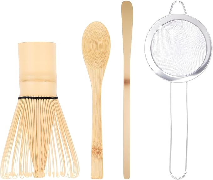Matcha Whisk Set, 4-Pack Matcha Kit Accessory with 100-Prong Handmade Bamboo Chasen Wisk Mixer, Scoop, Spoon, and Sifter, Perfect for Making Ceremonial Macha Tea, Gift for Mocha Lovers