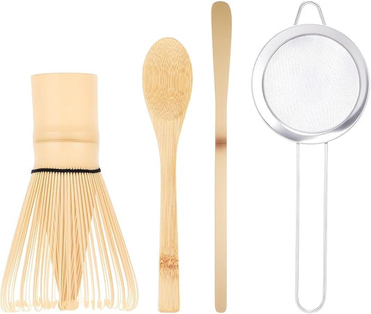 Matcha Whisk Set, 4-Pack Matcha Kit Accessory with 100-Prong Handmade Bamboo Chasen Wisk Mixer, Scoop, Spoon, and Sifter, Perfect for Making Ceremonial Macha Tea, Gift for Mocha Lovers