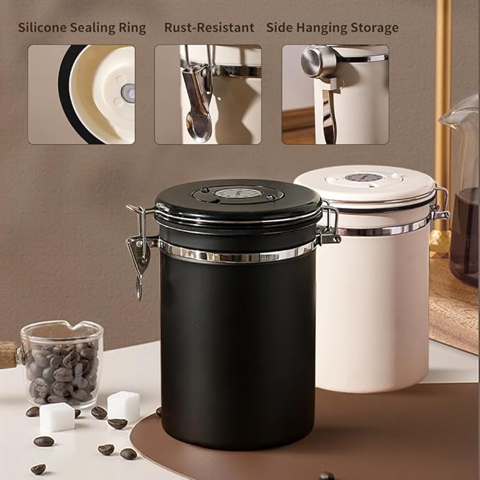 Airtight Stainless Steel Coffee Canister,1.8L Coffee Bean Storage Container with Date Tracker and Scoop for Coffee Beans, Grounds, Tea, Flour, Cereal, Sugar, Large (Black)