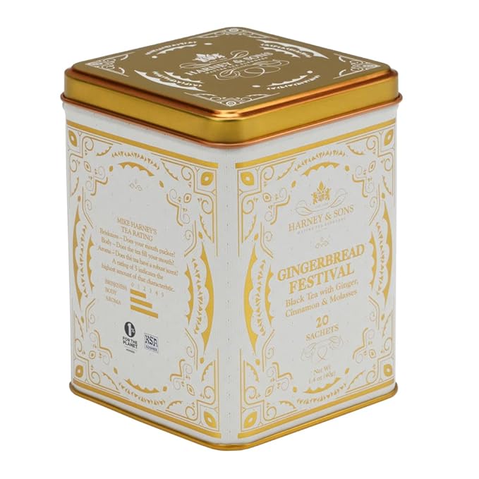 Harney & Sons Gingerbread Festival, Black Tea with Ginger & Cinnamon, 20ct sachet tin