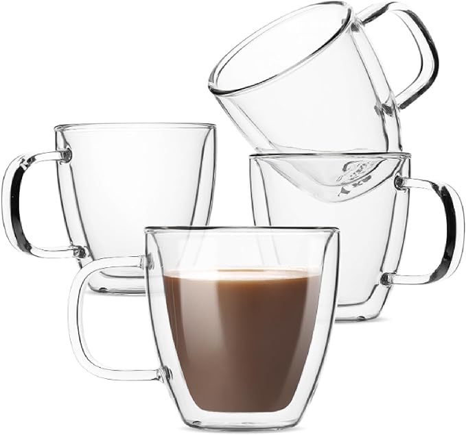 BTaT- Double Walled Espresso Cups, 5 oz, Set of 4, Clear Coffee Mugs, Double Wall Insulated Espresso Cups, Small Coffee Mugs for Tea, Lattes, Macchiatos, Hot & Cold Beverages, Microwave Safe