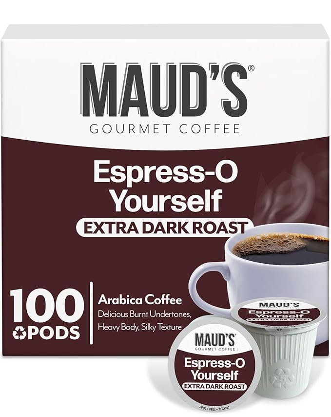 Maud's Espresso Coffee Pods, 100 ct, Dark Roast Coffee in Single Serve Pods – 100% Arabica Coffee, Compatible with Keurig K Cups Maker