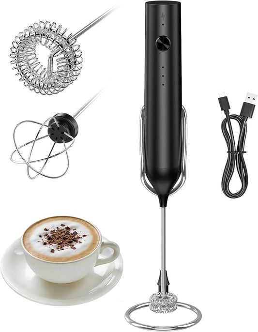 Rechargeable Milk Frother Handheld, Electric Whisk with 3 Speeds, Hand Drink Mixer with 2 Heads, Portable Coffee Frother Wand Handheld for Coffee, Lattes, Cappuccino, Eggs (Black)