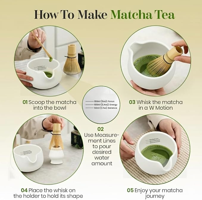 NEXTLUXE Matcha Whisk Set – Matcha Bowl and Whisk Traditional Bamboo Chasen with Ceramic Bowl, Matcha Sets, Matcha Whisk and Bowl, Matcha Starter Kit - Measurement Lines, Spoon & Lid – White