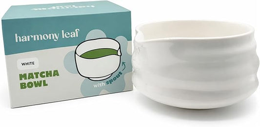 Harmony Leaf Ceramic Matcha Bowl with Spout, White Chawan Mixing Bowl for Whisking and Pouring Matcha Tea