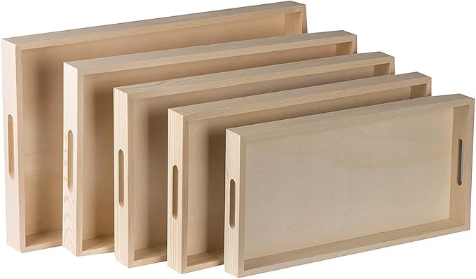 Hammont Wood Serving Tray Set with Handles - 5-Piece Nested Breakfast Trays for Food, Party Buffet, Organizing, and Montessori - Versatile Wooden Trays for Serving, Catering, and Bathroom Use