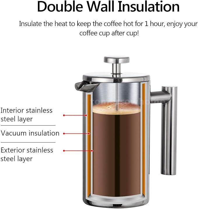 34oz Stainless Steel French Press Coffee Maker, Double Wall Insulated Thermal Coffee Press for Camping & Home, Plastic-Free with No Drip Spout & Multi-Layer Filter, 1 Liter