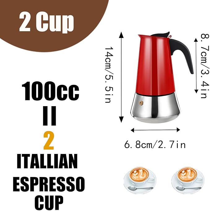 2 Cup Stovetop Espresso Maker Stainless Steel Moka Pot Stove Top Percolator Italian Coffee Makers Capable Mocha Greca Machine Cafe Classic Induction Cookers for Home and Camping 100ml 3.3oz