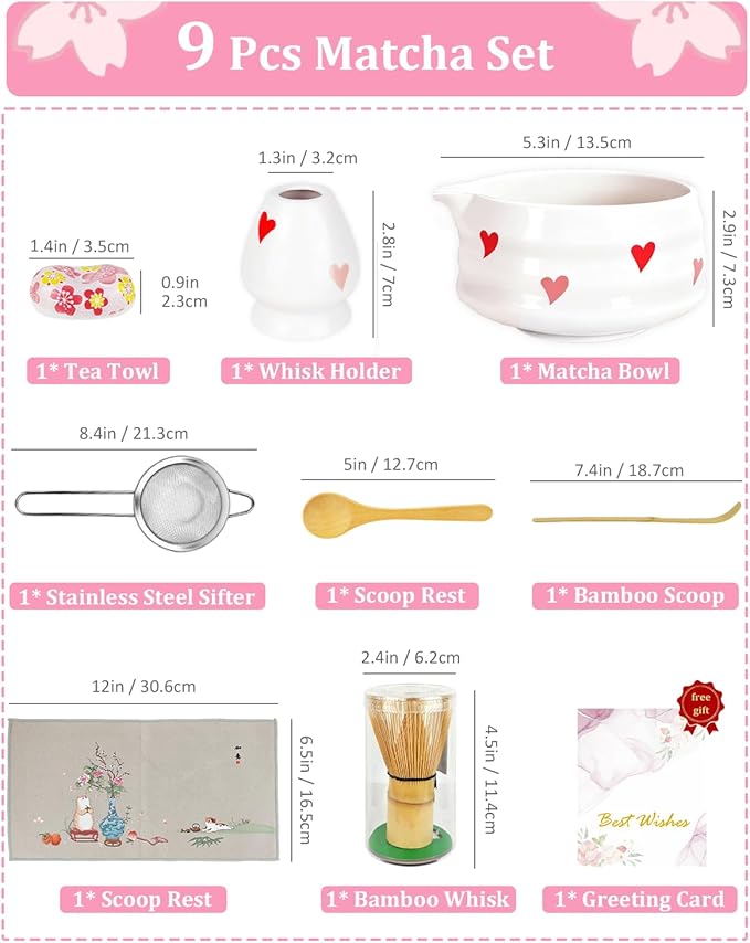 8Pcs Cute Ceramic Matcha Set with Whisk Bowl, Matcha Tea Kit Holder, Bamboo Scoop, Sifter, Towel Included, Valentine's Mother's Day Gift for Matcha Lover Women (Heart Shape White)