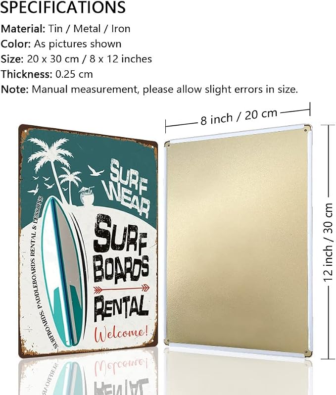 Vintage Tin Signs Wall Decor, Surf Boards Rental, Retro Metal Sign for Outdoor Indoor Home Beach Garden Tub Bar Farmhouse Cafe Gate Fence 8X12 Inch Decorations - Image 2