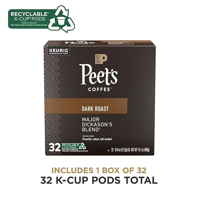 Peet's Coffee, Dark Roast Keurig K-Cup Pods, 100% Arabica Coffee - Major Dickason's Blend 32 Count (1 Box of 32 K-Cup Pods)