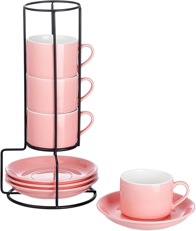 4oz Porcelain Stackable Espresso Cups with Saucers and Metal Stand Set of 4, Stackable Espresso Cups Set of 4, Pink Expresso Shots Cup Set for Coffee Drinks, Cappuccino Latte, Americano, Tea