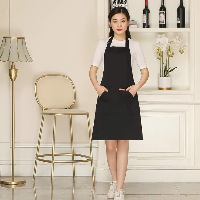 NEWGEM Adjustable Canvas Aprons for Women Men with 2 Pockets - Kitchen Cooking Chef Apron with Neck Strap, Stain Resistant Pinafore for Waitress Barista Restaurant Baking BBQ (Black) - Image 2