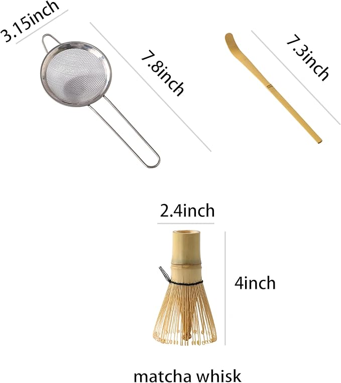 Matcha Bowl Set with Bamboo Whisk, Sifter & Scoop - Complete Ceramic Japanese Tea Ceremony Kit for Traditional Matcha Preparation (off-white with light brown speckled texture)