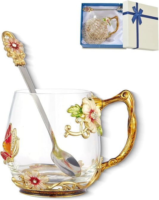 Flower Tea Cup,Clear Glass Fancy Coffee Mug with Spoon,Gift Box for Her Mom Wife Grandma Girls Friends Valentines Christmas Birthday Present Idea for Juice Milk Hot And Cold Drinks Use