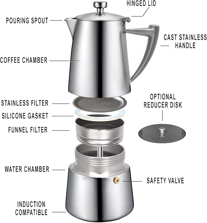 CUISINOX Roma Satin Stainless Steel Moka Pot Stovetop Espresso Maker, 4-Cup (6 oz)