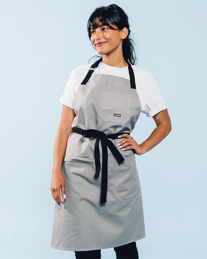 Caldo Daily Cotton Kitchen Apron for Cooking- Mens and Womens Professional Chef or Server Bib Apron - Adjustable Straps with Pockets and Towel Loop (Grey) - Image 2