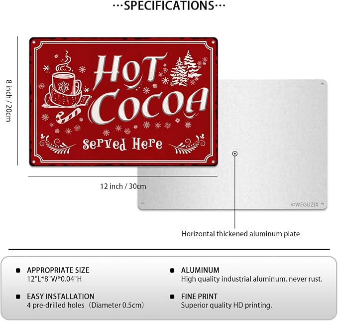 Hot Cocoa Served Here Christmas Metal Sign Red Christmas Vintage Print Art Poster 12" x 8" Aluminium Hanging Plaque for Home Kitchen Patio Yard Office Cafe Coffee Bar Front Door Wall Decor - Image 2