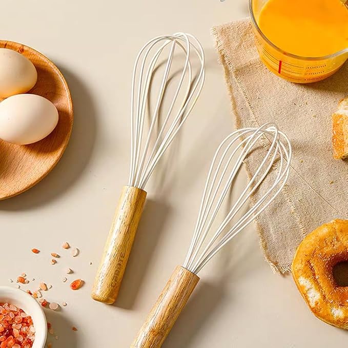 10.5" Stainless Whisk with Wood Handle - Head with Wood Handle - Whisk for Pancake Batter, Eggs and Egg, Cake Mix, Blending, Gravy and Sauces (Whisks)