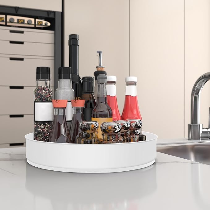 VAEHOLD Lazy Susan Turntable Spice Rack Organizer for Kitchen Cabinet, Storage Tray for Fruit, Snacks, Salad - Organizer for Cupboard, Pantry, Bathroom, Table, Cosmetic (White, 9 4/5'') - Image 5
