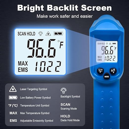 Infrared Thermometer Temperature Gun - 58 ℉~1022 ℉ (- 50 ℃~550 ℃) Non-Contact Digital Laser Infrared Ir Thermometer for Cooking, Barbecue, Food, Repair (Blue)