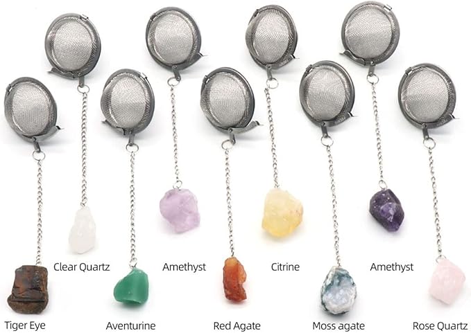 5 Pcs Tea Filter Stainless Steel with Crystal Energy Stone Tea Strainers with Fine Mesh Extend Chain Hook Tea Ball Infuser for Loose Tea Leaves Spices Seasonings