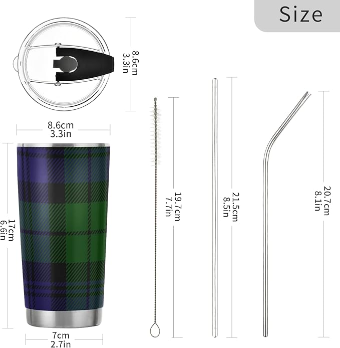 Tumbler Tartan Plaid Green Blue Insulated Coffee Cup Beverage Container Travel Mug with Straw and Lid Double Wall Stainless Steel 20oz BPA-Free for Sport, Back to School