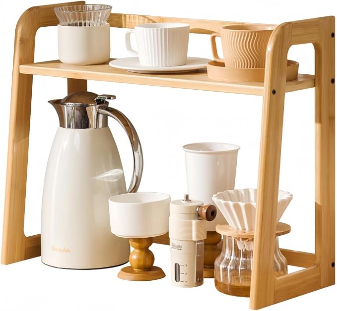 Natural Bamboo Coffee Station Organizer, 2-Tier Wooden Kitchen Counter Shelf for Bar Accessories, Multi-Functional Countertop Storage Rack for Syrup Bottles & Coffee Essentials (Natural Bamboo) by XIKEMADI