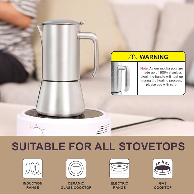 wedrink Stovetop Espresso Maker 6 Espresso Cups Stainless Steel Moka Pot for Greca, Induction, Electric & Gas Stoves(10 OZ/300ml)