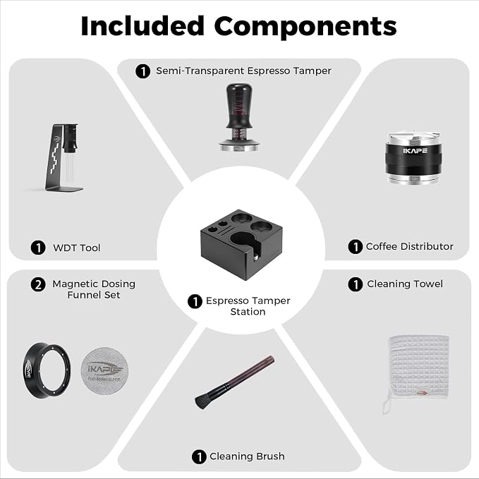 IKAPE 51MM Black Espresso Tool Set 8 IN 1, Coffee Tamper, Distributor, Magnetic Funnel, Puck Screen, Tamper Station, Stirrer Distribution Tool, Cleaning Towel and Brush - Image 3