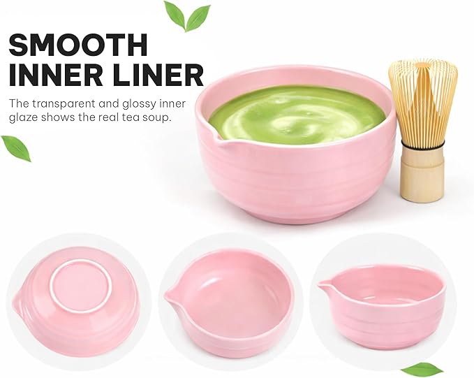 Pink Matcha Whisk Set 5pcs Matcha Set With A Bowl, Mini Whisk And Holder, Bamboo Scoop And Stainless Steel Sifter Perfect Matcha Kit For Gifts