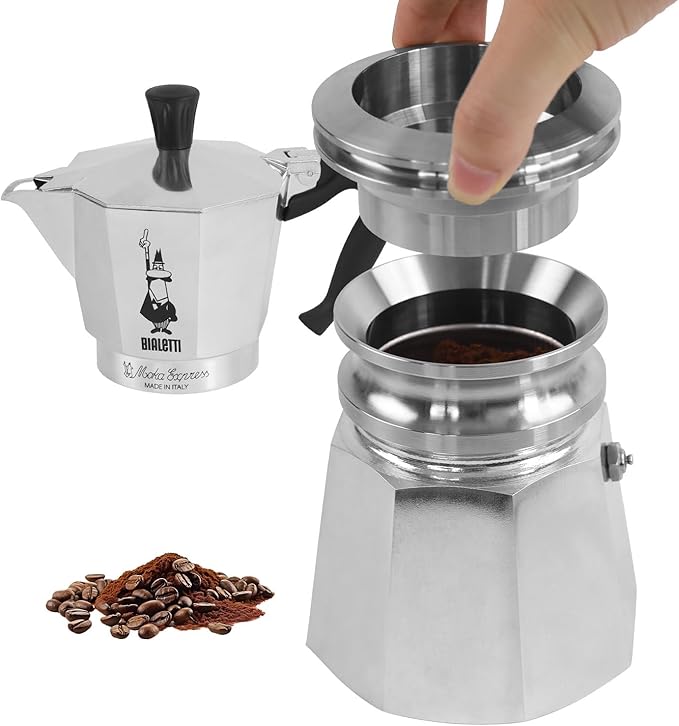 Coffee Tamper for 4 Cups to 6 Cups Moka Pot, 304 Stainless Steel Espresso Dosing Funnel Set, Coffee Distributor Leveler Compatible with Italian Espresso Stovetop Moka Pot, Silver