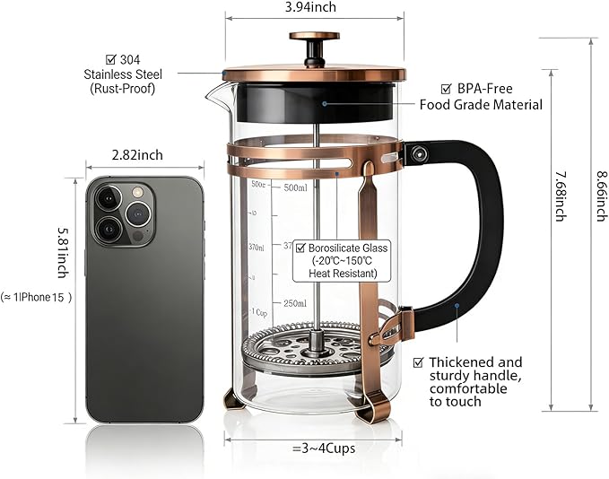 French Press Coffee Maker, 34Oz Coffee Press with 304 Stainless Steel 4 Filters, Borosilicate Glass Heat Resistant Carafe, 100% BPA-Free Teapot & Coffee Press, Copper Finish