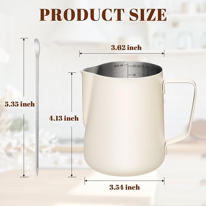 Milk Frothing Pitcher, 20oz Milk Frother Cup with Clear Scale, 304 Stainless Steel Cappuccino Espresso Machine Accessories for Barista Coffee Bar with Latte Art Pen, White