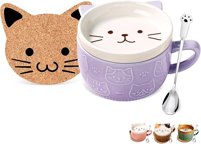 BigNoseDeer Cute Cat Mug Kawaii Tea Cup Purple Ceramic Coffee Mug with lid,Tea Cups and Saucers for Dessert Cute Gifts Cat Gifts for cat Lovers Christmas gifts 10oz(Purple)