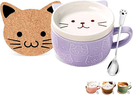 BigNoseDeer Cute Cat Mug Kawaii Tea Cup Purple Ceramic Coffee Mug with lid,Tea Cups and Saucers for Dessert Cute Gifts Cat Gifts for cat Lovers Christmas gifts 10oz(Purple)