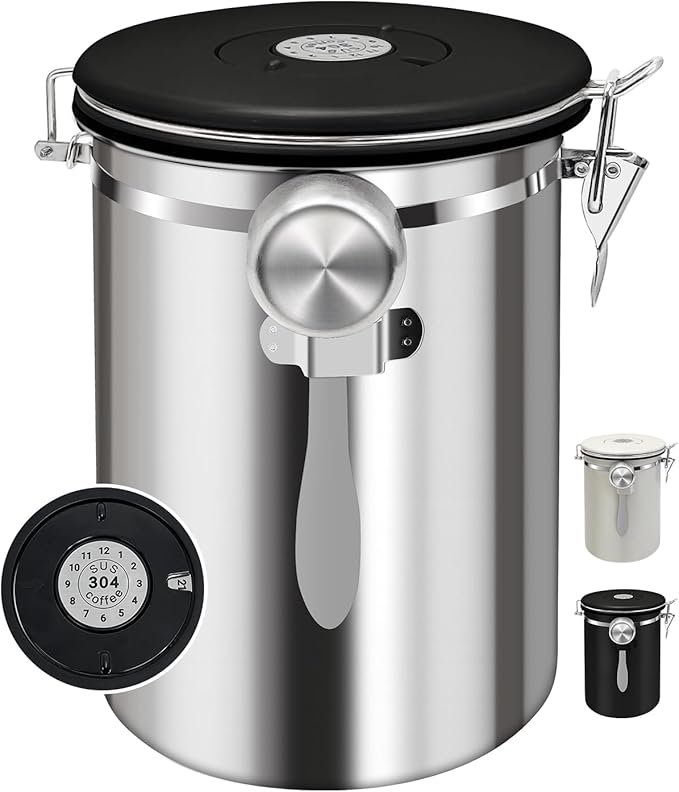 2.8L Airtight Vacuum Coffee Canister, Stainless Steel Storage Container for Coffee Beans and Grounds with Scoop.Suitable for coffee powder, coffee beans, rice, tea leaves, sugar, flour, and grains