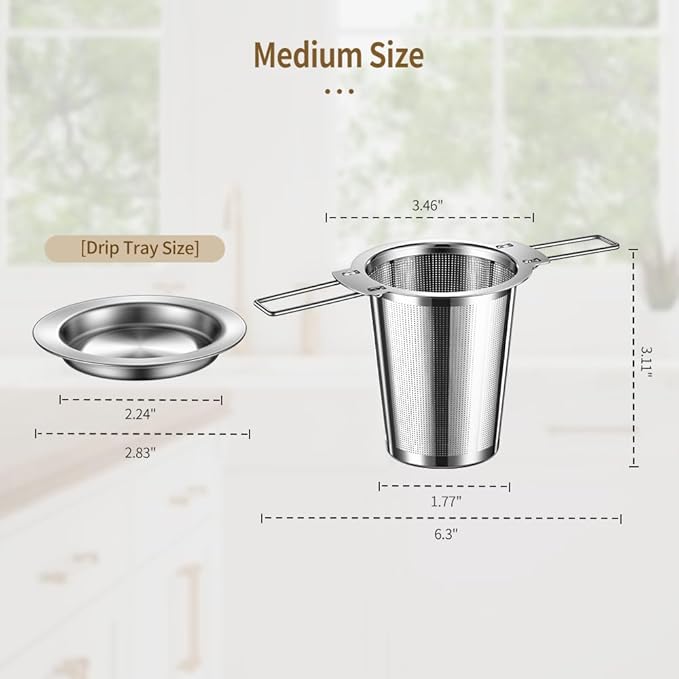 1Pack Long-Handled Tea Strainer with Drip Tray, BOMANSI BOMS Stainless Steel Tea Infuser Basket, Tea Infuser for Loose Leaf Tea, Fine Mesh Tea Diffuser, Loose Leaf Tea Steeper, Large Tea Infuser