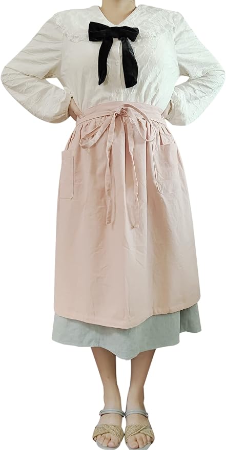 Unisex Chef Aprons White Retro Cotton Maid Short 2 Pockets Waist Waiter Waitress Half Apron by Caatoor