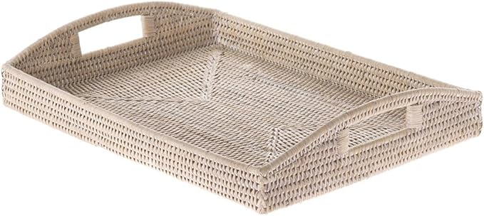 Kouboo, La Jolla Rattan Rectangular Serving Tray, 18 x 13.5 x 2 inch, White Wash