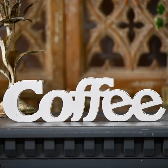 Rustic Distressed White Coffee Sign for Tabletop for 14", Wall Hanging Farmhouse Signs for Coffee Station, Wood Signs for Home Decor Kitchen Shelf Christmas