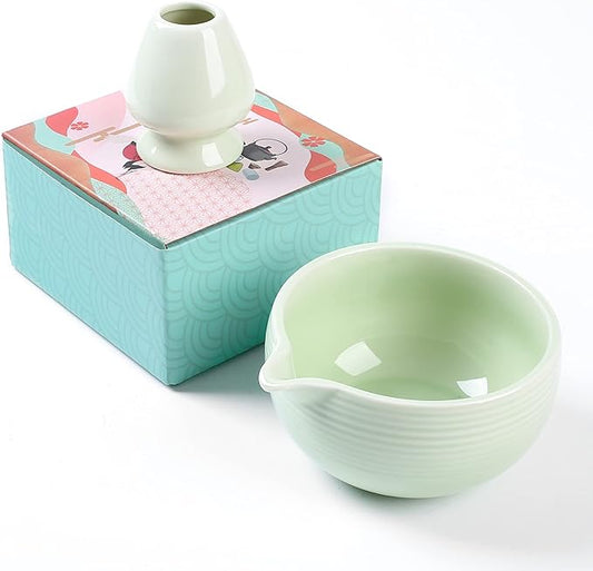 Traditional Matcha Bowl and Whisk Rest (Reshaper) - Handmade Modern Ceramic Matcha Green Tea Ceremony Essential Matcha Kit- 22oz Big Salad Porridge Juice Bowl Cup (Apple Green)