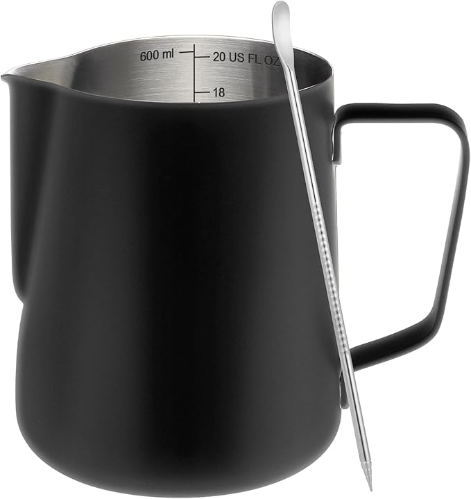 Milk Frothing Pitcher, 20oz Milk Frother Cup with Clear Scale, 304 Stainless Steel Cappuccino Espresso Machine Accessories for Barista Coffee Bar with Latte Art Pen, Black