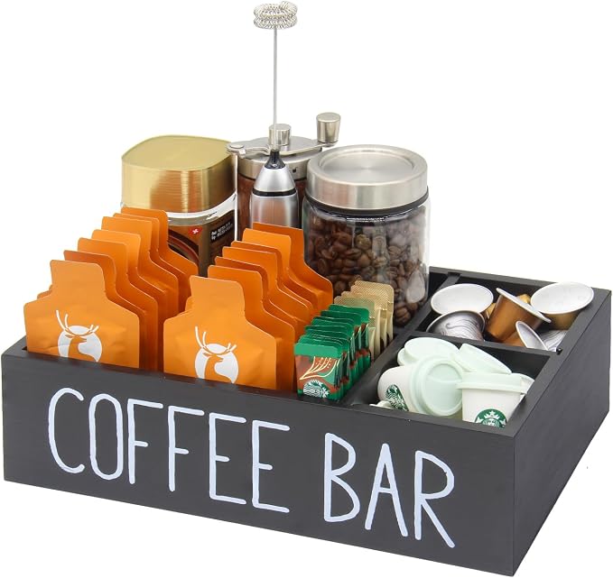 Coffee Station Organizer with Removable Dividers Disposable Cup Holder Wooden Countertop Organizer for Tea Condiment Accessories Storage Farmhouse Bar Decor Black (Black) by Bokelai